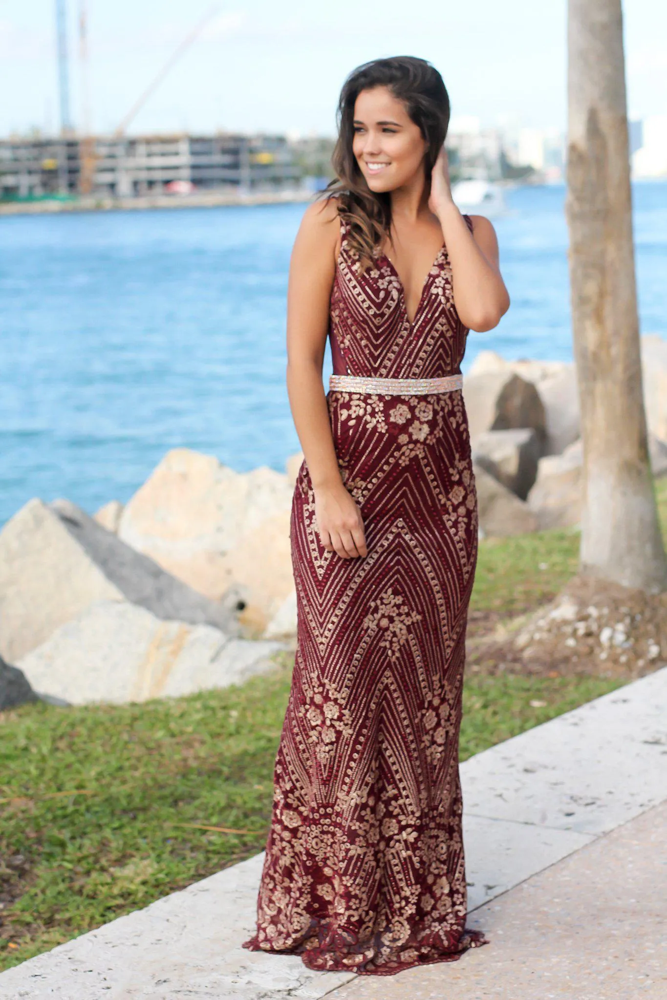 Wine Embroidered Maxi Dress with Tulle Back